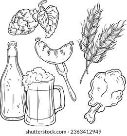 ilustración de conjunto dibujada a mano de cerveza - negro y blanco, vector de línea negra