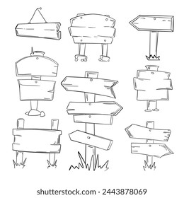 Hand drawn set illustration of doodle wood road signs and arrows