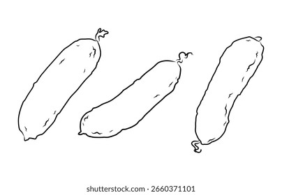 Conjunto de ilustración dibujado a mano, pepinos de arte de línea aislados sobre fondo blanco, iconos de vegetales de contorno para el diseño de productos orgánicos, embalaje ecológico, libro para colorear de educación e ingrediente alimentario