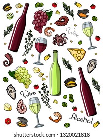 Hand drawn set. Illustration on white background, a bottle of wine, wine, grapes, red, shrimp, oysters, mussels, cheese, rosemary, thyme.