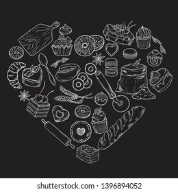 Hand drawn set illustration on blackboard . Vintage pastry, desserts, cakes, wheat, flour fresh bread sketches for bakery shop or cafeteria. Vector graphic, stylized image set graphic element for menu