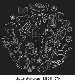 Hand drawn set illustration on blackboard . Vintage pastry, desserts, cakes, wheat, flour fresh bread sketches for bakery shop or cafeteria. Vector graphic, stylized image set graphic element for menu