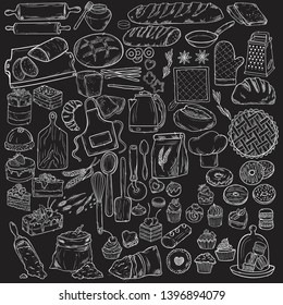 Hand drawn set illustration on blackboard . Vintage pastry, desserts, cakes, wheat, flour fresh bread sketches for bakery shop or cafeteria. Vector graphic, stylized image set graphic element for menu