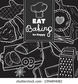 Hand drawn set illustration on blackboard . Vintage pastry, desserts, cakes, wheat, flour fresh bread sketches for bakery shop or cafeteria. Vector graphic, stylized image set graphic element for menu
