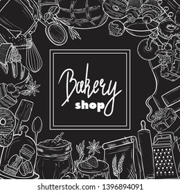 Hand drawn set illustration on blackboard . Vintage pastry, desserts, cakes, wheat, flour fresh bread sketches for bakery shop or cafeteria. Vector graphic, stylized image set graphic element for menu