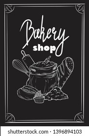 Hand drawn set illustration on blackboard . Vintage pastry, desserts, cakes, wheat, flour fresh bread sketches for bakery shop or cafeteria. Vector graphic, stylized image set graphic element for menu