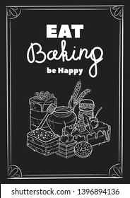 Hand drawn set illustration on blackboard . Vintage pastry, desserts, cakes, wheat, flour fresh bread sketches for bakery shop or cafeteria. Vector graphic, stylized image set graphic element for menu