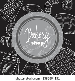 Hand drawn set illustration on blackboard . Vintage pastry, desserts, cakes, wheat, flour fresh bread sketches for bakery shop or cafeteria. Vector graphic, stylized image set graphic element for menu