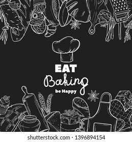 Hand drawn set illustration on blackboard . Vintage pastry, desserts, cakes, wheat, flour fresh bread sketches for bakery shop or cafeteria. Vector graphic, stylized image set graphic element for menu