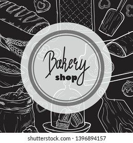 Hand drawn set illustration on blackboard . Vintage pastry, desserts, cakes, wheat, flour fresh bread sketches for bakery shop or cafeteria. Vector graphic, stylized image set graphic element for menu