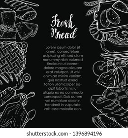 Hand drawn set illustration on blackboard . Vintage pastry, desserts, cakes, wheat, flour fresh bread sketches for bakery shop or cafeteria. Vector graphic, stylized image set graphic element for menu