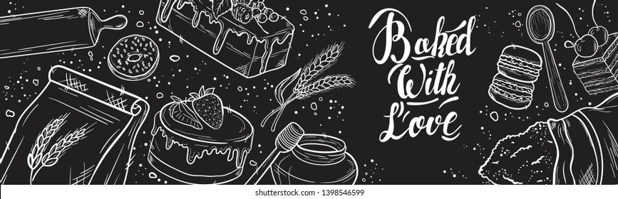 Hand drawn set illustration on blackboard . Vintage pastry, desserts, cakes, wheat, flour fresh bread sketches for bakery shop or cafeteria. Vector graphic, stylized image set graphic element for menu