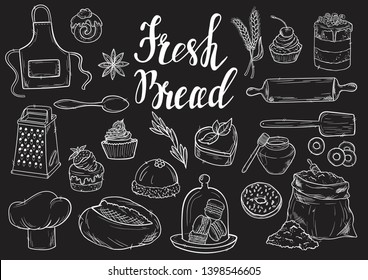 Hand drawn set illustration on blackboard . Vintage pastry, desserts, cakes, wheat, flour fresh bread sketches for bakery shop or cafeteria. Vector graphic, stylized image set graphic element for menu