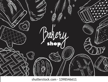 Hand drawn set illustration on blackboard . Vintage pastry, desserts, cakes, wheat, flour fresh bread sketches for bakery shop or cafeteria. Vector graphic, stylized image set graphic element for menu