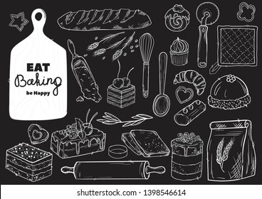 Hand drawn set illustration on blackboard . Vintage pastry, desserts, cakes, wheat, flour fresh bread sketches for bakery shop or cafeteria. Vector graphic, stylized image set graphic element for menu