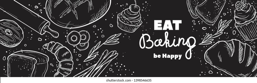 Hand drawn set illustration on blackboard . Vintage pastry, desserts, cakes, wheat, flour fresh bread sketches for bakery shop or cafeteria. Vector graphic, stylized image set graphic element for menu