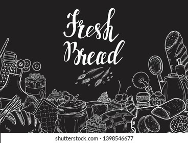 Hand drawn set illustration on blackboard . Vintage pastry, desserts, cakes, wheat, flour fresh bread sketches for bakery shop or cafeteria. Vector graphic, stylized image set graphic element for menu