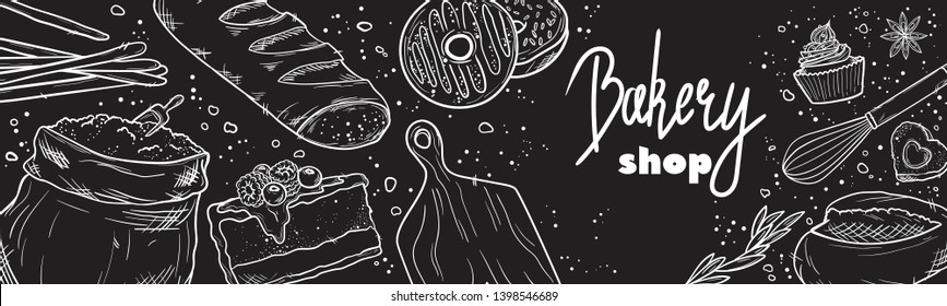 Hand drawn set illustration on blackboard . Vintage pastry, desserts, cakes, wheat, flour fresh bread sketches for bakery shop or cafeteria. Vector graphic, stylized image set graphic element for menu