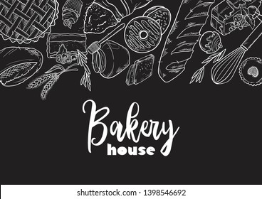 Hand drawn set illustration on blackboard . Vintage pastry, desserts, cakes, wheat, flour fresh bread sketches for bakery shop or cafeteria. Vector graphic, stylized image set graphic element for menu