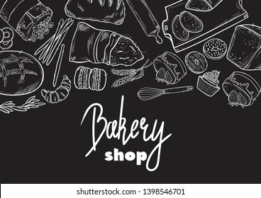 Hand drawn set illustration on blackboard . Vintage pastry, desserts, cakes, wheat, flour fresh bread sketches for bakery shop or cafeteria. Vector graphic, stylized image set graphic element for menu