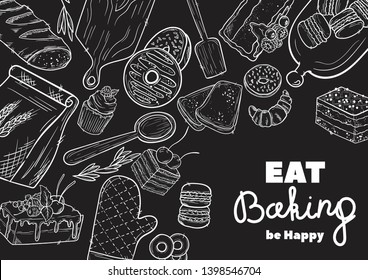 Hand drawn set illustration on blackboard . Vintage pastry, desserts, cakes, wheat, flour fresh bread sketches for bakery shop or cafeteria. Vector graphic, stylized image set graphic element for menu