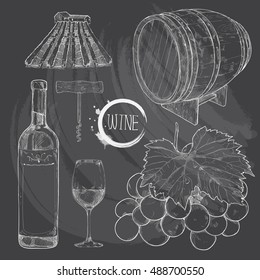 hand drawn set illustration of wine. chalk drawing style.