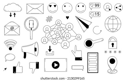 Hand drawn set of illustrations about social networks and media.