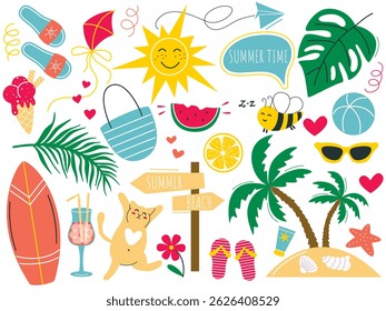 Hand drawn set illustrations on theme of summer beach holiday
