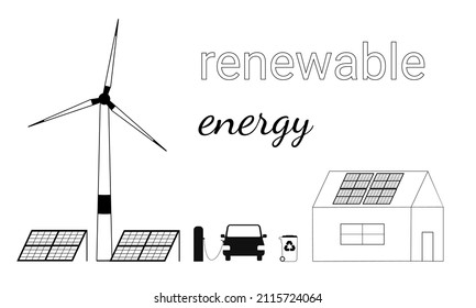 Conjunto de ilustraciones hechas a mano que muestran cómo utilizar fuentes de energía renovables