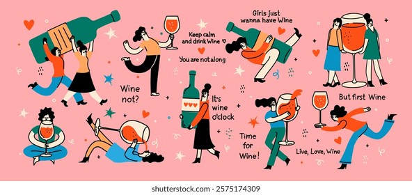 Hand drawn set illustrations with wine bottle and wine glass illustrations and funny quotes. Art for greeting cards, wedding invitations, poster design, postcards, branding, logo design, background.