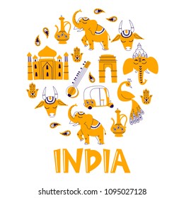 Hand Drawn Set of Indian Doodle Symbols Isolated on White.
