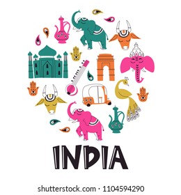 Hand Drawn Set of Indian Doodle Symbols Isolated on White.