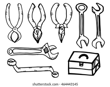 Hand drawn set of industrial tools. Doodle image. Stock illustration