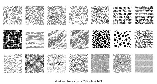 Hand drawn set of ink grunge texture. Doodle shapes. Linear hatching, crosshatchin, stippling, scumbling and others. Vector illustration.