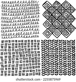Handgezeichneter Satz abstrakter  rosafarbene, quadratische Hintergründe und Skizzenmuster. Ausdrucksstarke Vektorhintergründe in Schwarz-Weiß.Vektorgrafik.Trendy-monochrome Designelemente.