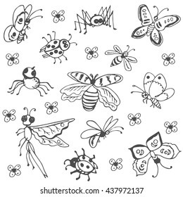 Hand drawn set of insects. Collection of butterfly in doodle style. Vector sketch illustration, natural background.