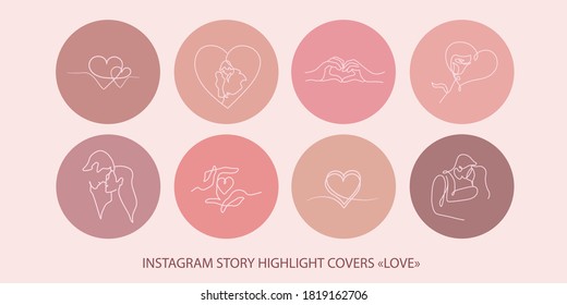 Hand Drawn Set Of Instagram Story Highlight Covers, Icons With Love Couples, Hearts, Roses In Pink, Nude, Beige Colors. Continuous Line Drawing Elements For St.Valentine's Day