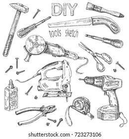 Hand drawn set of instruments. Monochrome   fretsaw, turn-screw, angle  grinder  isolated on white.  Tool kit DIY theme. Vector sketch.