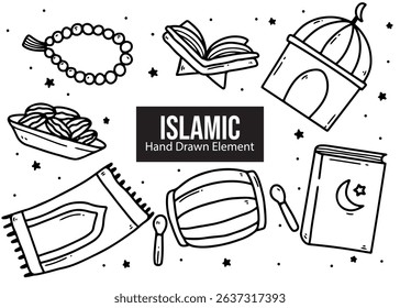 Hand drawn set of Islamic doodles black ink, packaging design, Ramadan, Eid al-Fitr, Muslim, Eid al-Adha, line art
