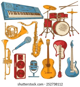 Hand drawn set of isolated colorful musical instruments