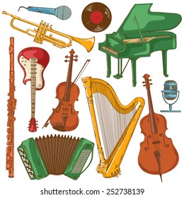 Hand drawn set of isolated colorful musical instruments