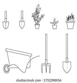 Hand drawn set of isolated garden equipment tools. Vector illustration. Doodle style.