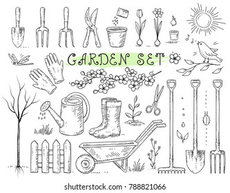 hand drawn set of isolated garden tools on white background