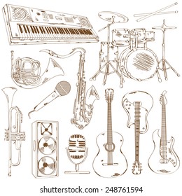 Hand drawn set of isolated sketch musical instruments