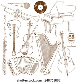 Hand drawn set isolated sketch musical instruments