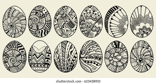 Hand drawn set of isolated sketch ornate Easter eggs