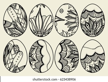Hand drawn set of isolated sketch ornate Easter eggs