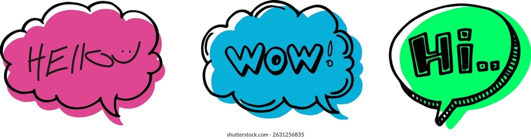 Hand drawn set of isolated speech bubbles hello, wow, hi