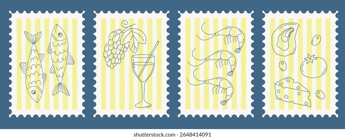 Conjunto desenhado à mão de selos postais сcostais italianos. Ilustração em estilo mediterrâneo com sardinhas, vinho, camarões, azeitonas, corais, uvas, tomate, queijo