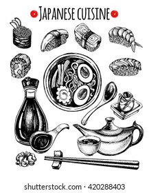 Hand drawn set of Japanese food. Sushi, soy sauce, ramen soup, pickled ginger, wasabi, tea, chopsticks. Vector illustration.